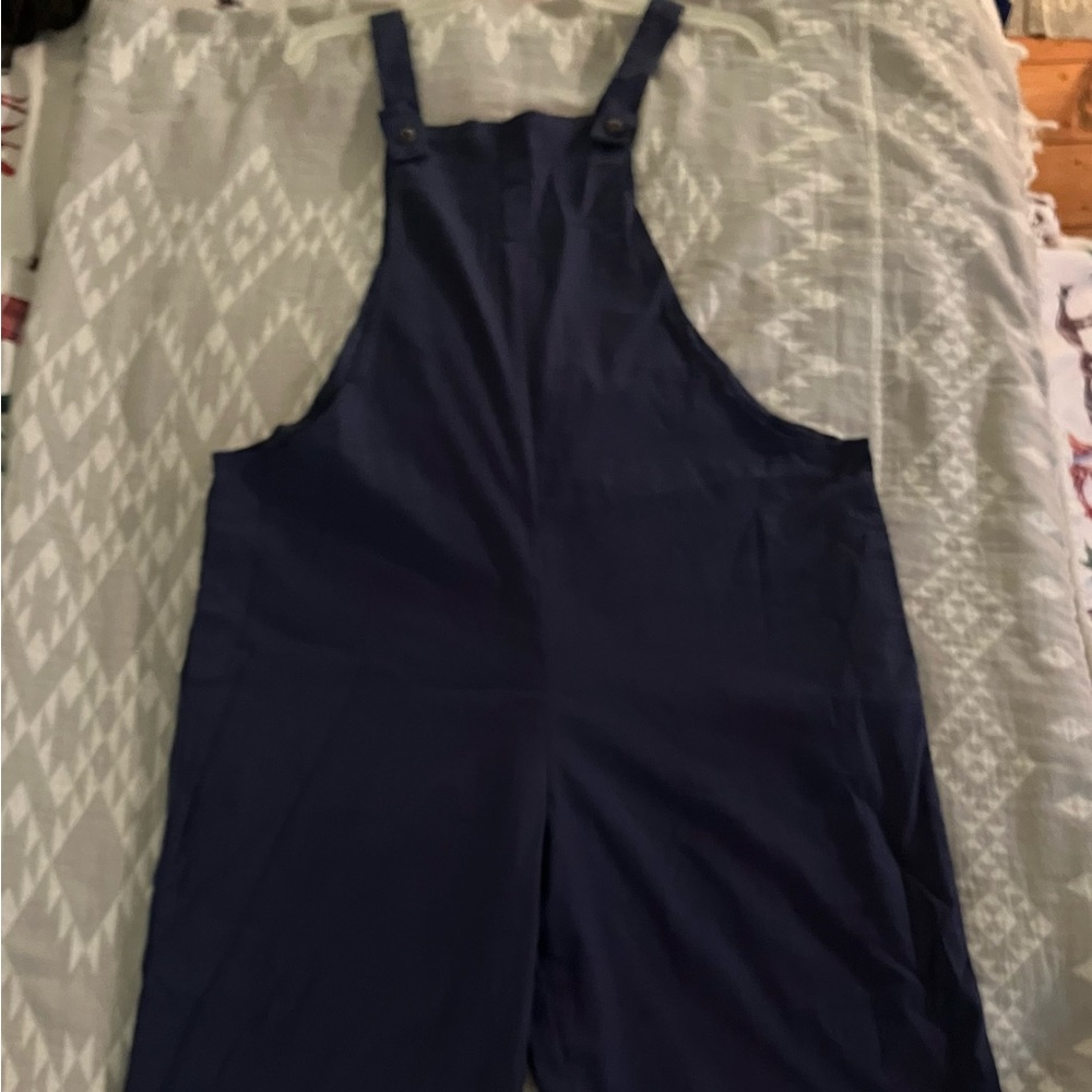 Navy blue linen blend cropped overalls